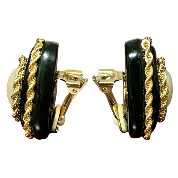 Elegant Black and Gold Earrings with Pearl Accent - Picture 2 of 3